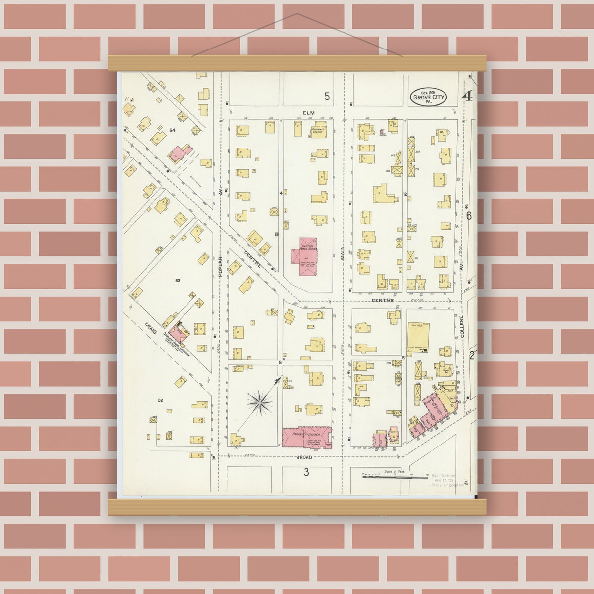 Old map wall art mockup — magnetic wood frame on brick wall — Sanborn Fire Insurance Map from Grove City, Mercer County, Pennsylvania (1906), Sheet #0004