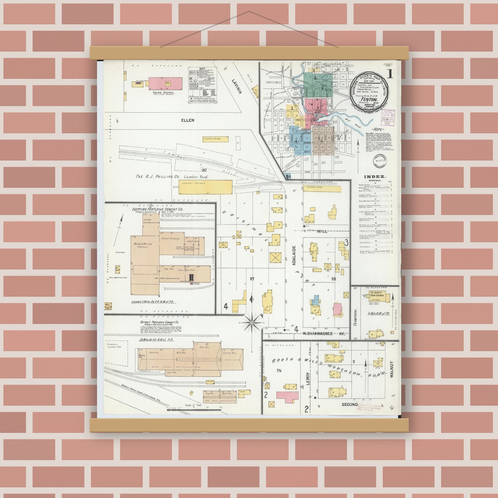 Old map wall art mockup — magnetic wood frame on brick wall — Sanborn Fire Insurance Map from Fenton, Genesee County, Michigan (1901), Sheet #0001