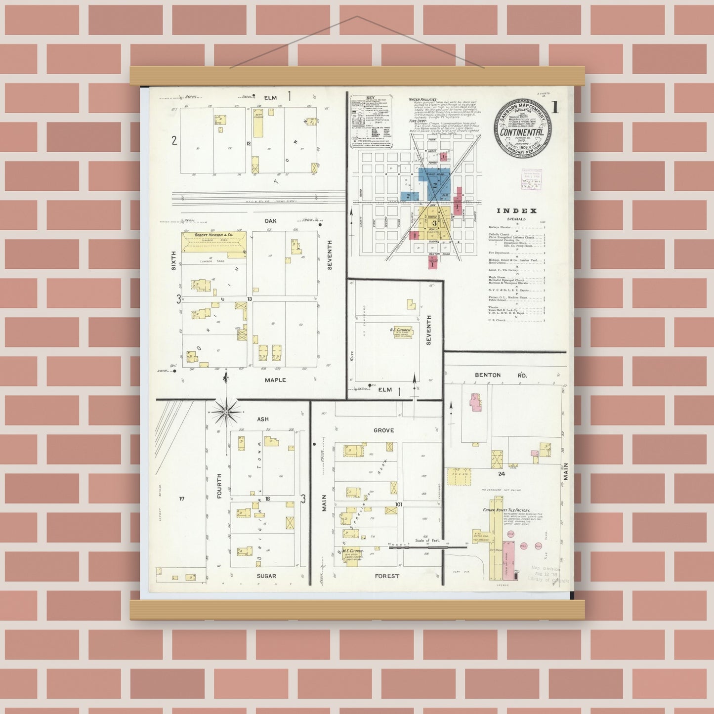 Old map wall art mockup — magnetic wood frame on brick wall — Sanborn Fire Insurance Map from Continental, Putnam County, Ohio (1908), Sheet #0001