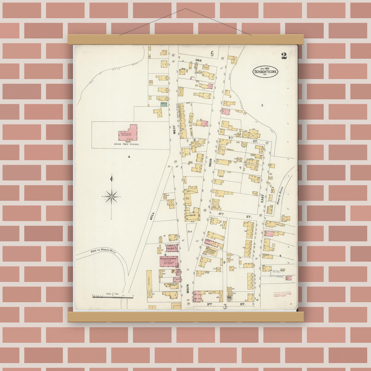 Old map wall art mockup — magnetic wood frame on brick wall — Sanborn Fire Insurance Map from Schaghticoke, Rensselaer County, New York (1902), Sheet #0002