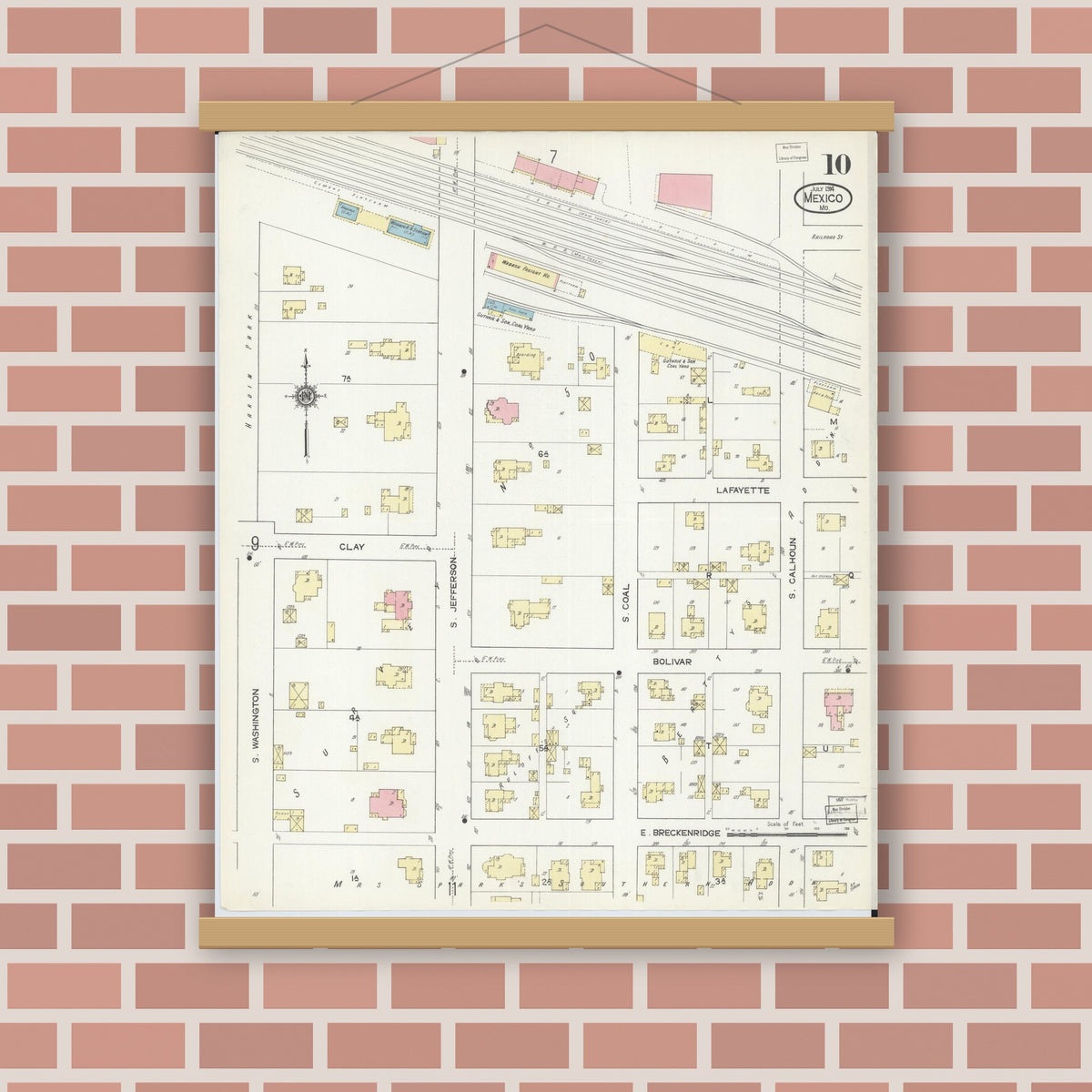 Old map wall art mockup — magnetic wood frame on brick wall — Sanborn Fire Insurance Map from Mexico, Audrain County, Missouri (1914), Sheet #0010