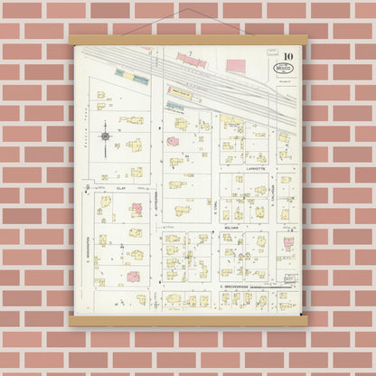 Old map wall art mockup — magnetic wood frame on brick wall — Sanborn Fire Insurance Map from Mexico, Audrain County, Missouri (1914), Sheet #0010