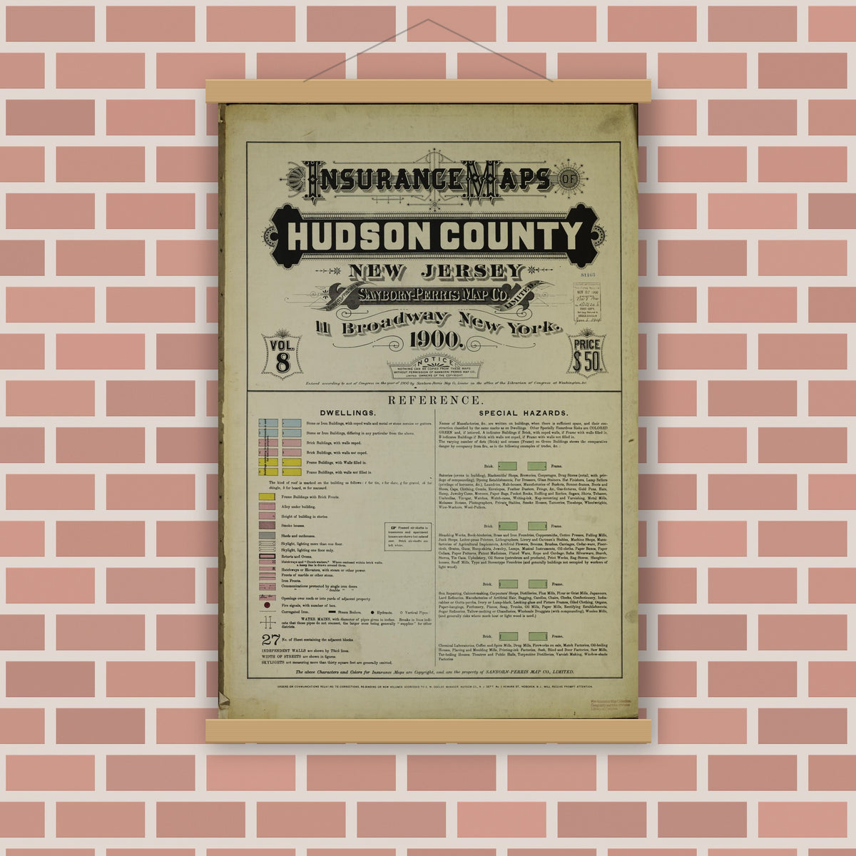 Old map wall art mockup — magnetic wood frame on brick wall — Sanborn Fire Insurance Map from Hudson Co., Hudson County, New Jersey (1900), Sheet #0001