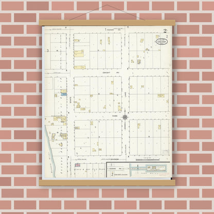 Old map wall art mockup — magnetic wood frame on brick wall — Sanborn Fire Insurance Map from Oscoda, Iosco County, Michigan (1914), Sheet #0002