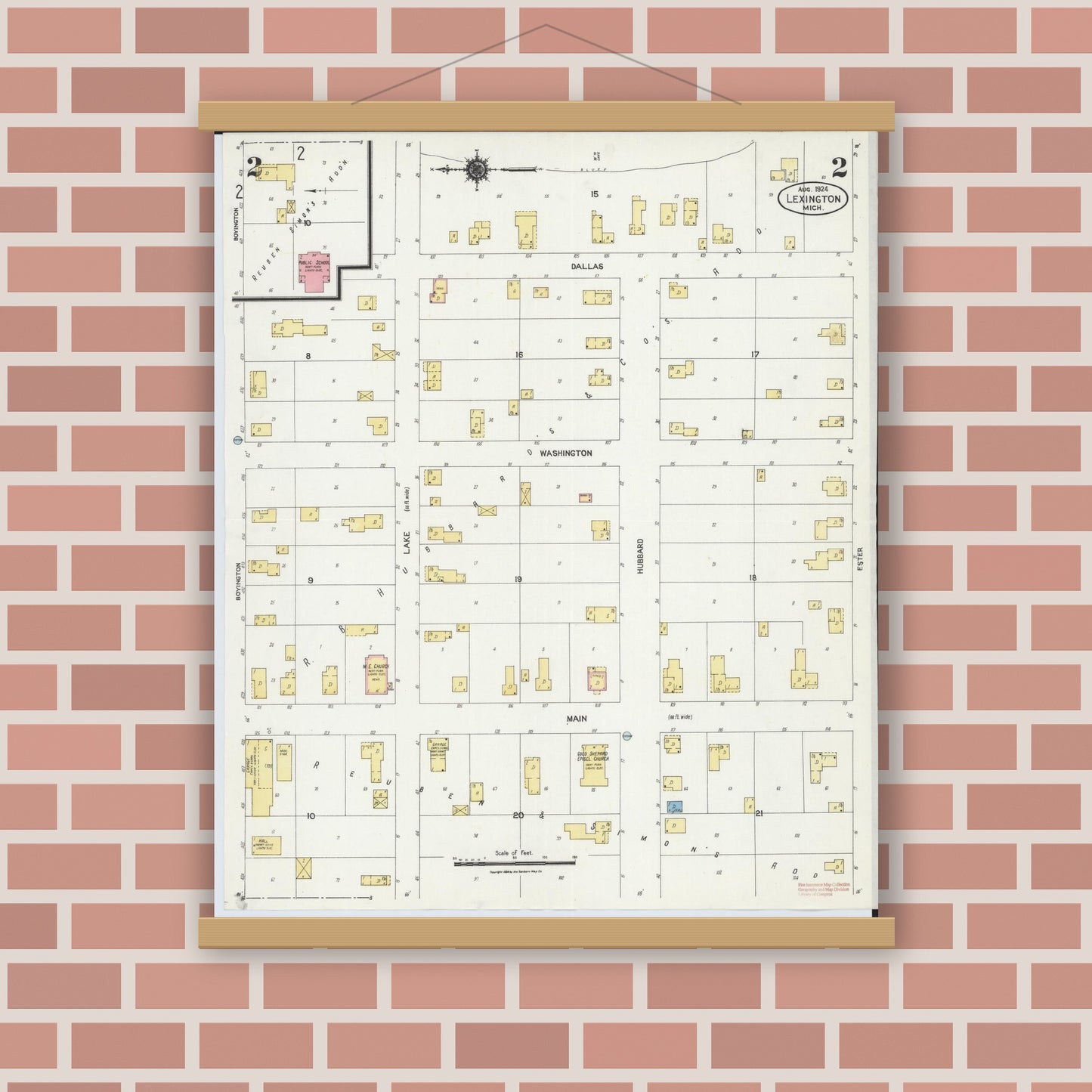 Old map wall art mockup — magnetic wood frame on brick wall — Sanborn Fire Insurance Map from Lexington, Sanilac County, Michigan (1924), Sheet #0002