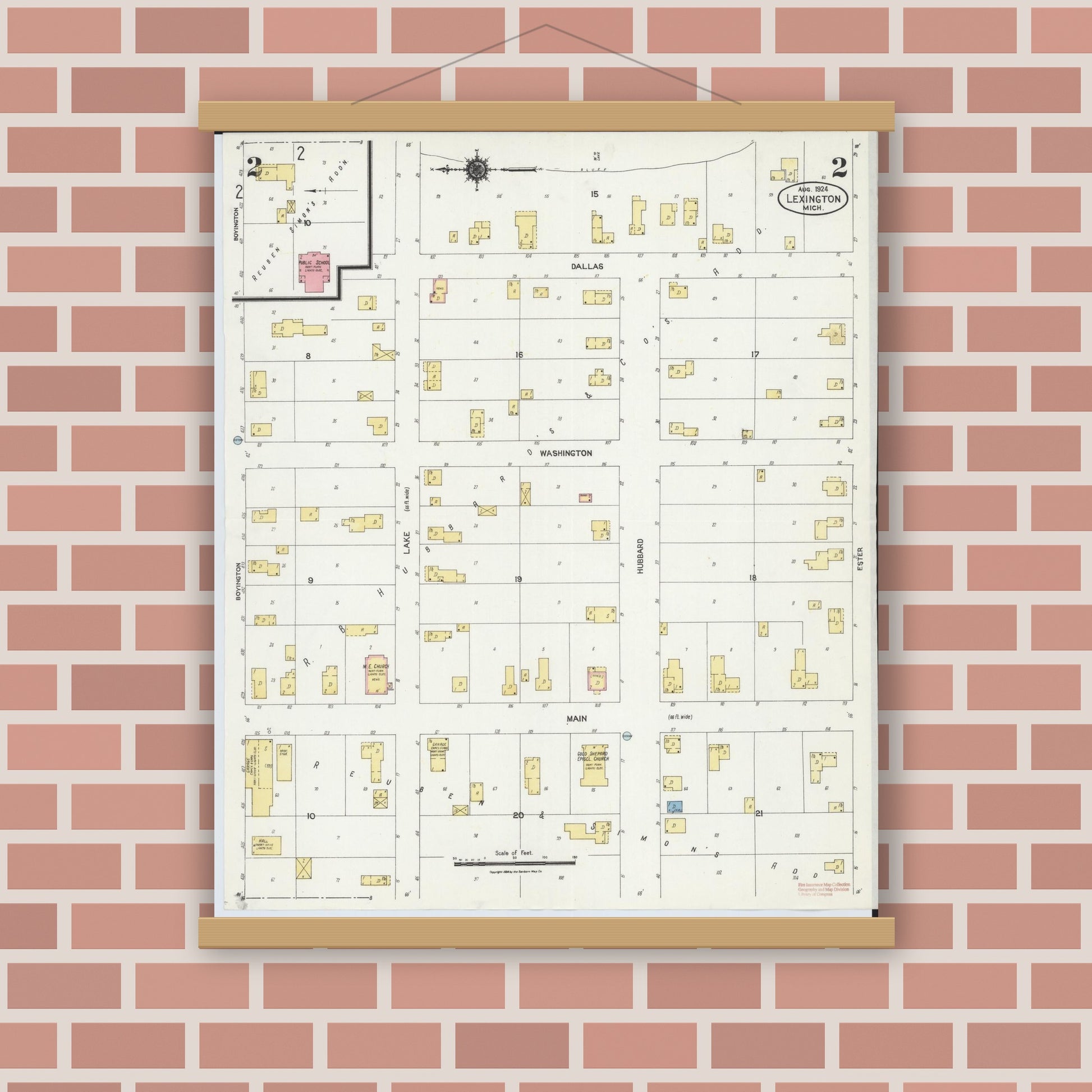 Old map wall art mockup — magnetic wood frame on brick wall — Sanborn Fire Insurance Map from Lexington, Sanilac County, Michigan (1924), Sheet #0002