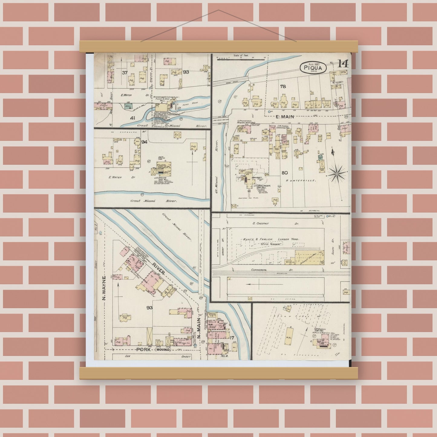 Old map wall art mockup — magnetic wood frame on brick wall — Sanborn Fire Insurance Map from Piqua, Miami County, Ohio (1887), Sheet #0014