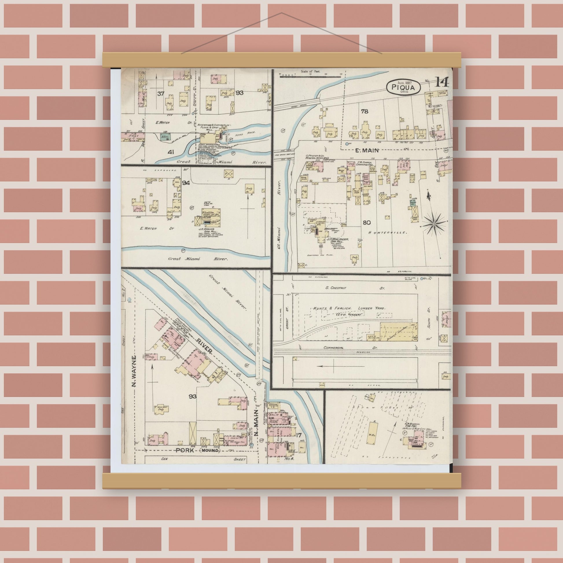 Old map wall art mockup — magnetic wood frame on brick wall — Sanborn Fire Insurance Map from Piqua, Miami County, Ohio (1887), Sheet #0014