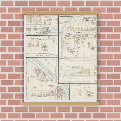 Old map wall art mockup — magnetic wood frame on brick wall — Sanborn Fire Insurance Map from Piqua, Miami County, Ohio (1887), Sheet #0014
