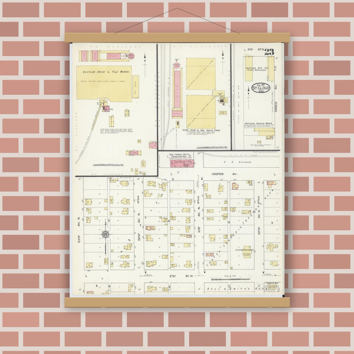 Old map wall art mockup — magnetic wood frame on brick wall — Sanborn Fire Insurance Map from Saint Cloud, Stearns, Benton, and Sherburne Counties, Minnesota (1913), Sheet #0023