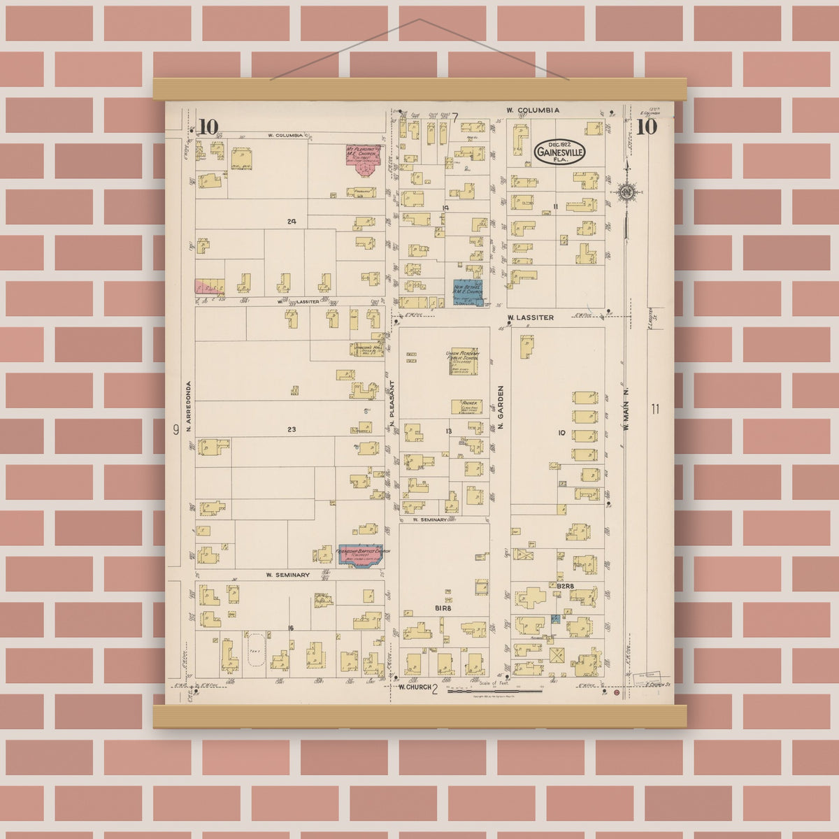 Old map wall art mockup — magnetic wood frame on brick wall — Sanborn Fire Insurance Map from Gainesville, Alachua County, Florida (1922), Sheet #0010