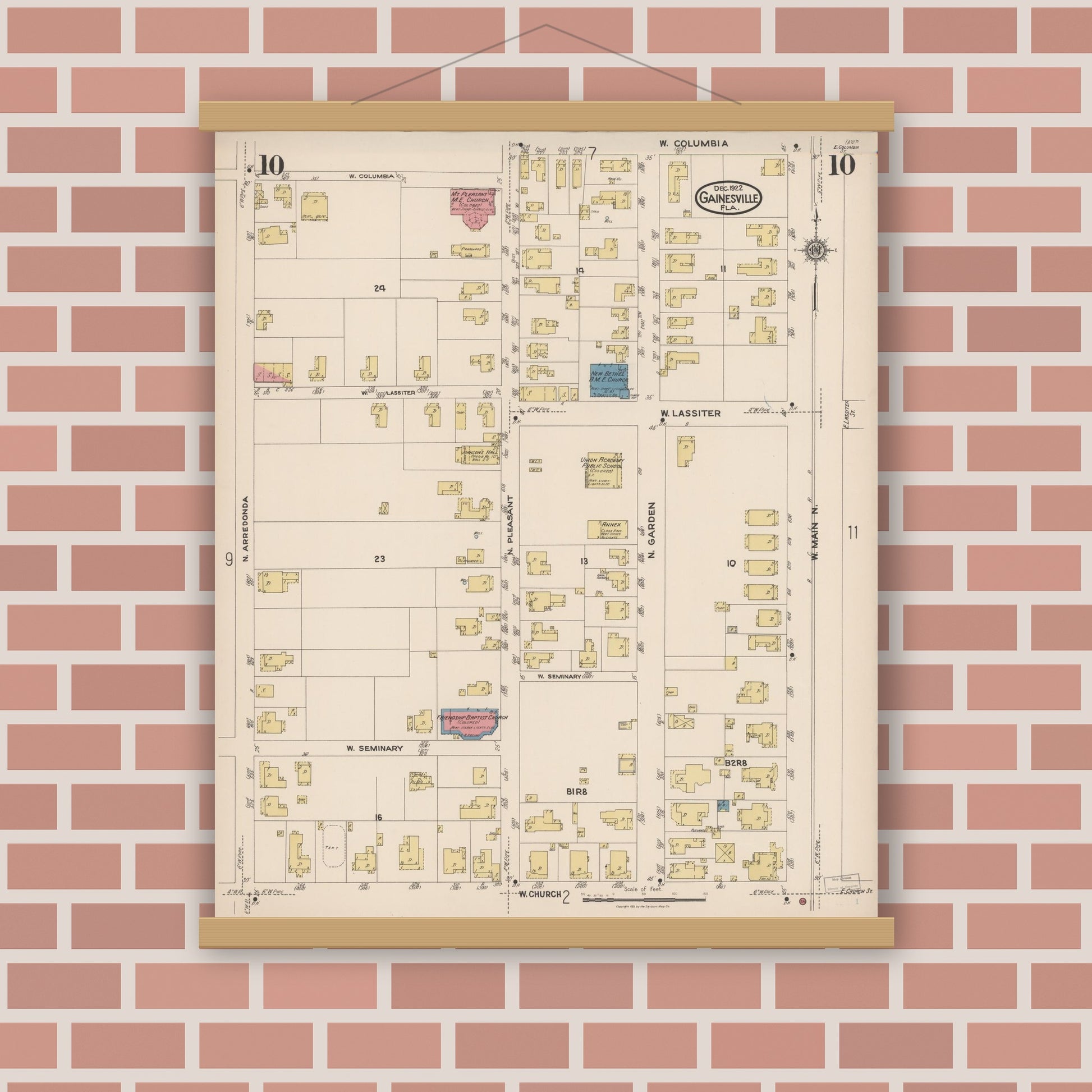 Old map wall art mockup — magnetic wood frame on brick wall — Sanborn Fire Insurance Map from Gainesville, Alachua County, Florida (1922), Sheet #0010