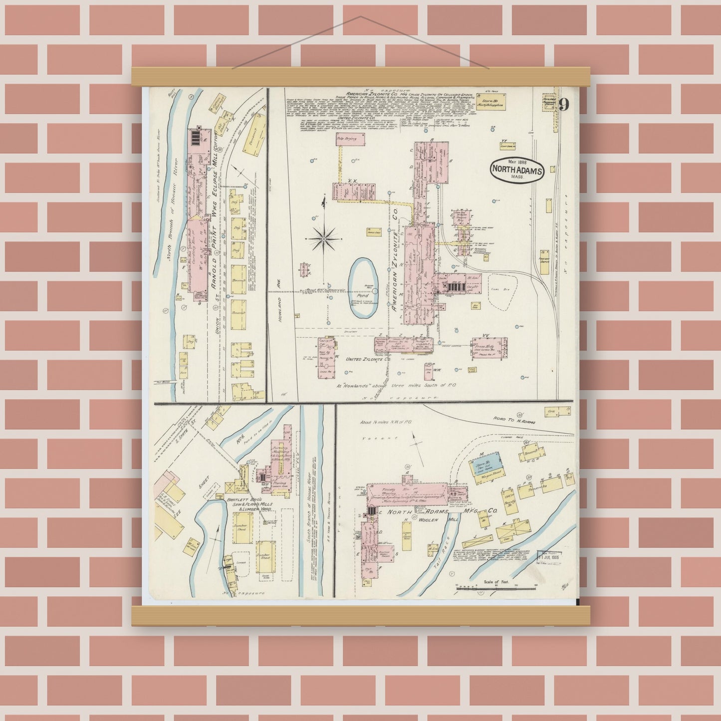 Old map wall art mockup — magnetic wood frame on brick wall — Sanborn Fire Insurance Map from North Adams, Berkshire County, Massachusetts (1888), Sheet #0009