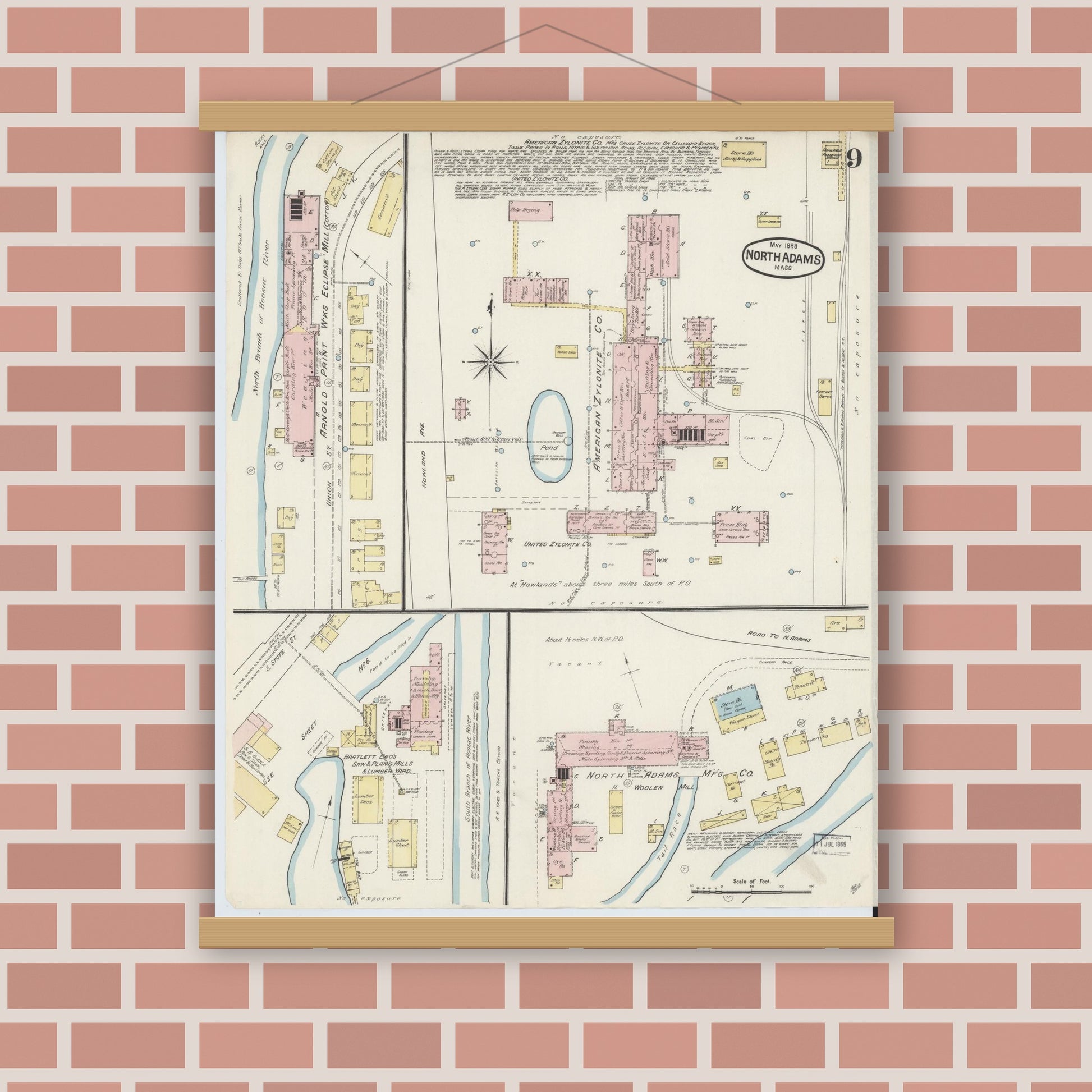 Old map wall art mockup — magnetic wood frame on brick wall — Sanborn Fire Insurance Map from North Adams, Berkshire County, Massachusetts (1888), Sheet #0009