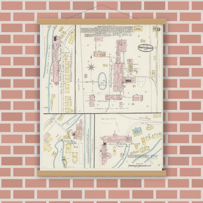 Old map wall art mockup — magnetic wood frame on brick wall — Sanborn Fire Insurance Map from North Adams, Berkshire County, Massachusetts (1888), Sheet #0009
