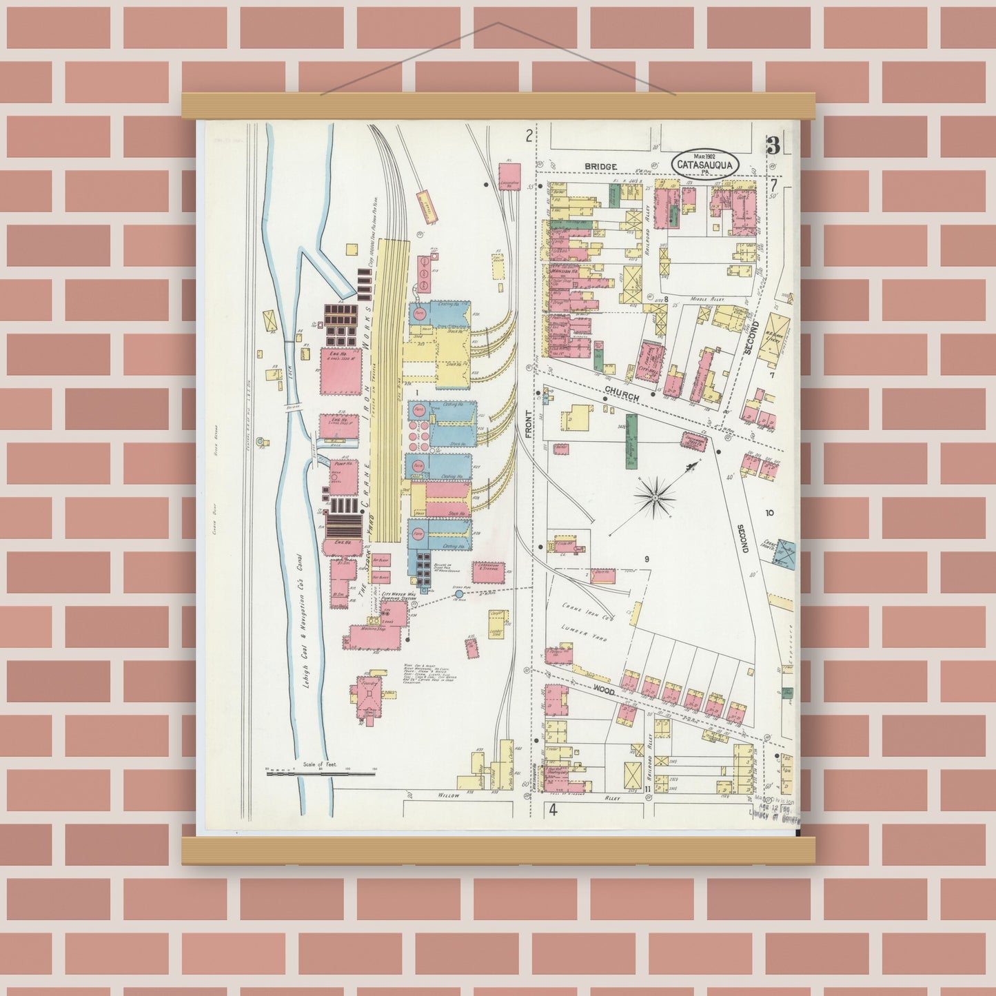 Old map wall art mockup — magnetic wood frame on brick wall — Sanborn Fire Insurance Map from Catasauqua, Lehigh County, Pennsylvania (1902), Sheet #0003