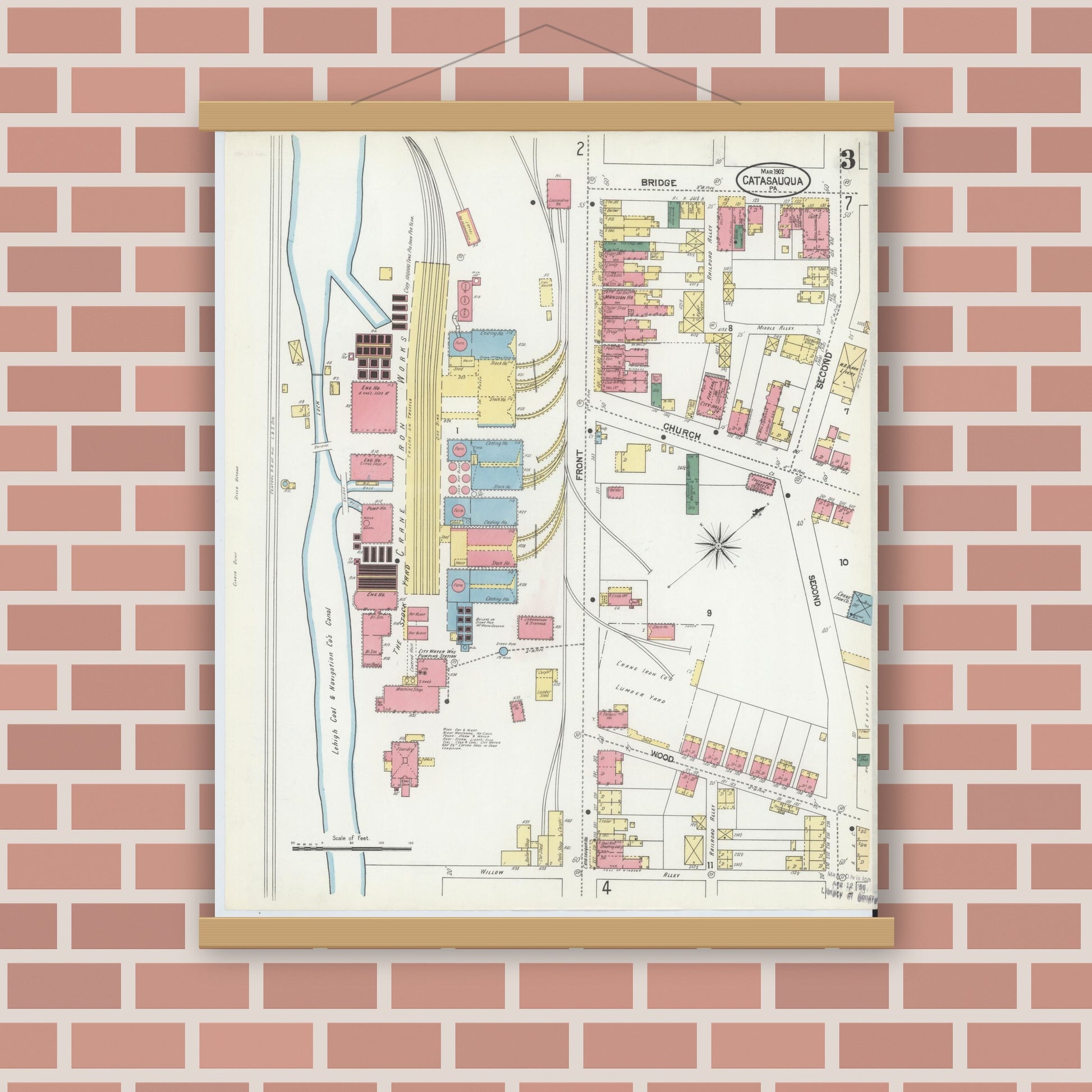 Old map wall art mockup — magnetic wood frame on brick wall — Sanborn Fire Insurance Map from Catasauqua, Lehigh County, Pennsylvania (1902), Sheet #0003