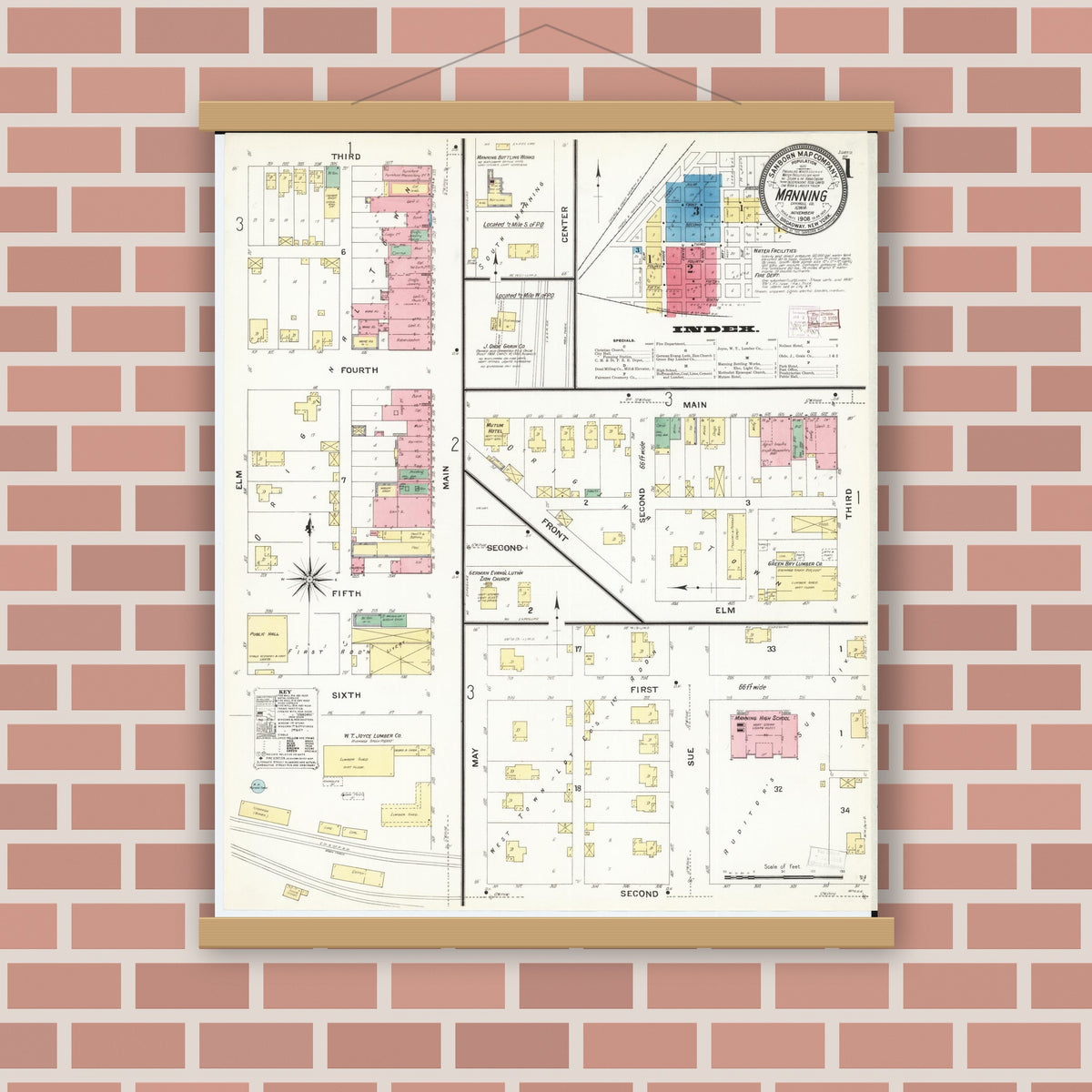 Old map wall art mockup — magnetic wood frame on brick wall — Sanborn Fire Insurance Map from Manning, Carroll County, Iowa (1908) â€” Complete Set