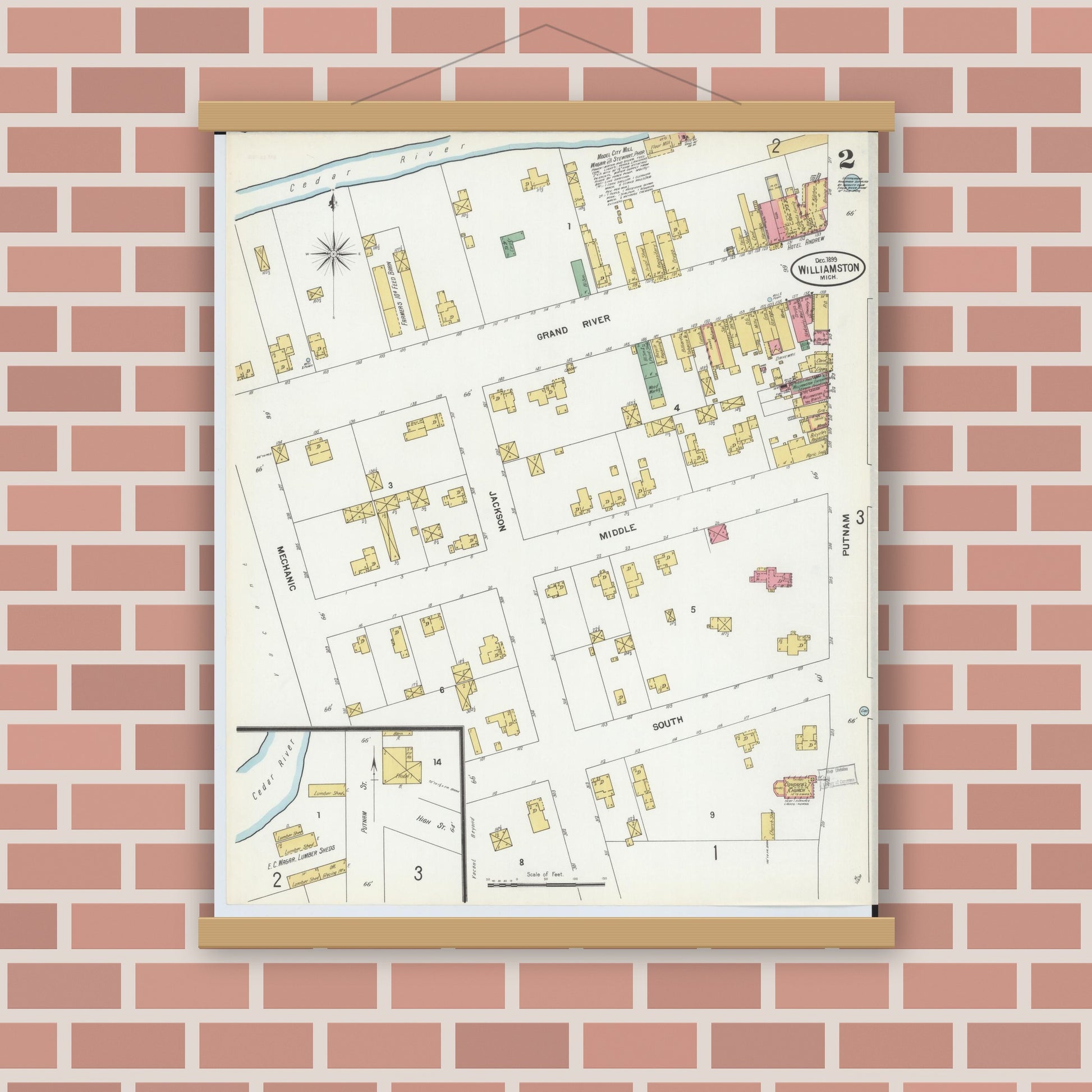 Old map wall art mockup — magnetic wood frame on brick wall — Sanborn Fire Insurance Map from Williamston, Ingham County, Michigan (1899), Sheet #0002