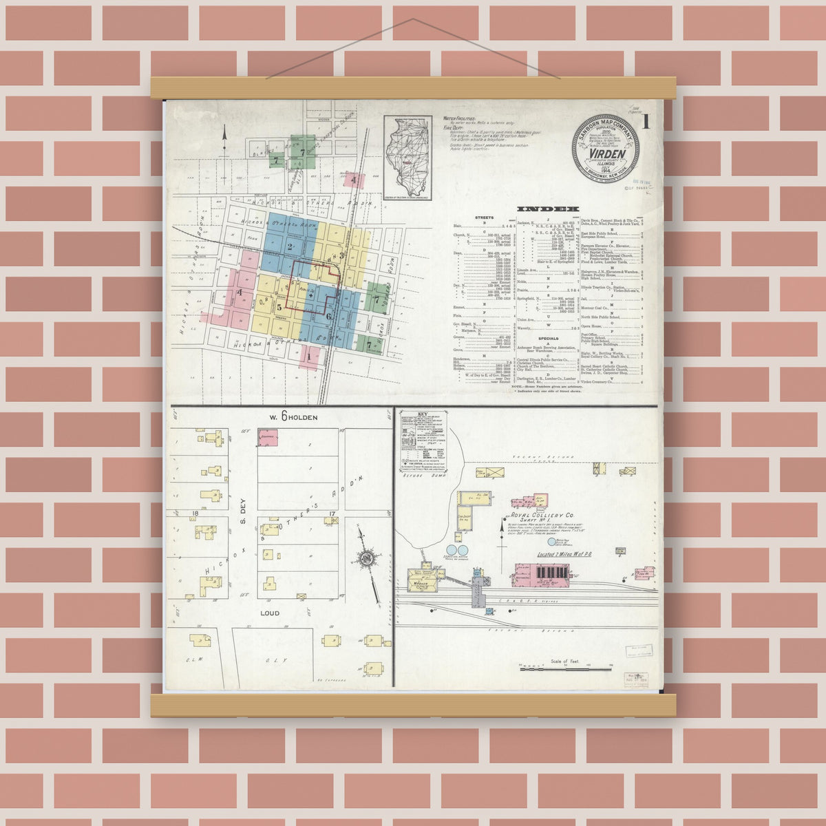 Old map wall art mockup — magnetic wood frame on brick wall — Sanborn Fire Insurance Map from Virden, Macoupin County, Illinois (1914) - Complete Map Set