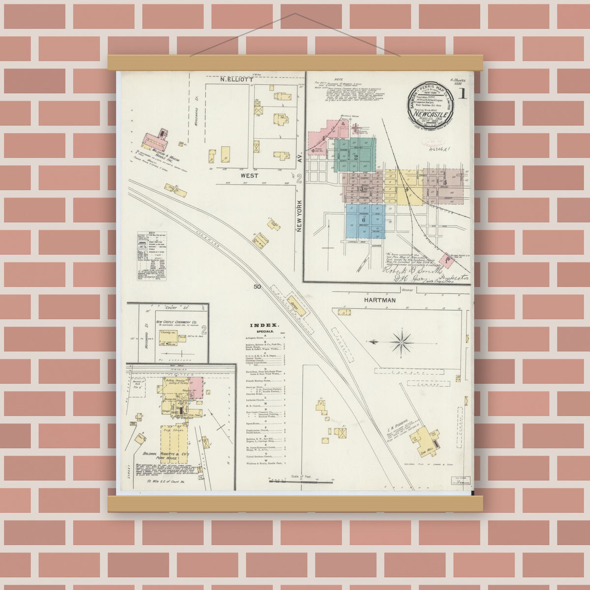 Old map wall art mockup — magnetic wood frame on brick wall — Sanborn Fire Insurance Map from New Castle, Henry County, Indiana (1892), Sheet #0001