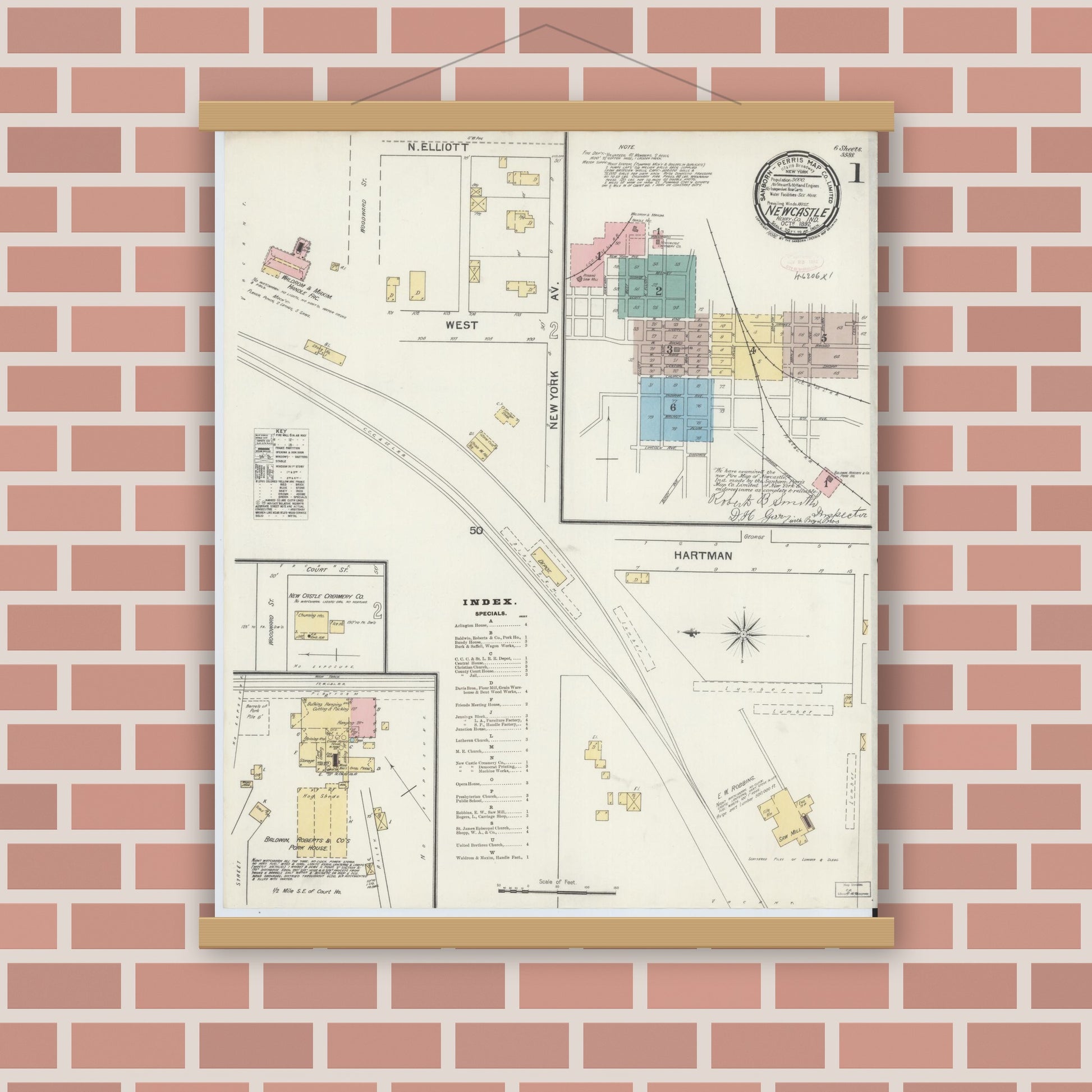 Old map wall art mockup — magnetic wood frame on brick wall — Sanborn Fire Insurance Map from New Castle, Henry County, Indiana (1892), Sheet #0001