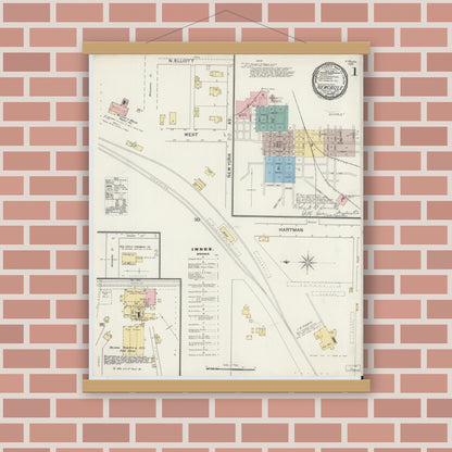Old map wall art mockup — magnetic wood frame on brick wall — Sanborn Fire Insurance Map from New Castle, Henry County, Indiana (1892), Sheet #0001