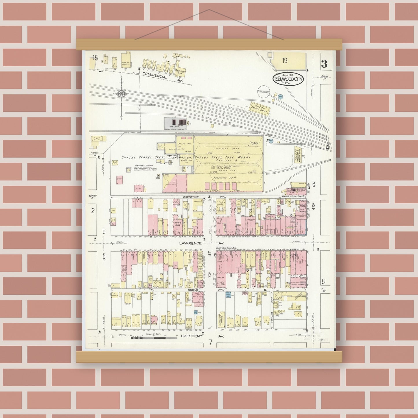 Old map wall art mockup — magnetic wood frame on brick wall — Sanborn Fire Insurance Map from Ellwood City, Lawrence County, Pennsylvania (1914), Sheet #0003
