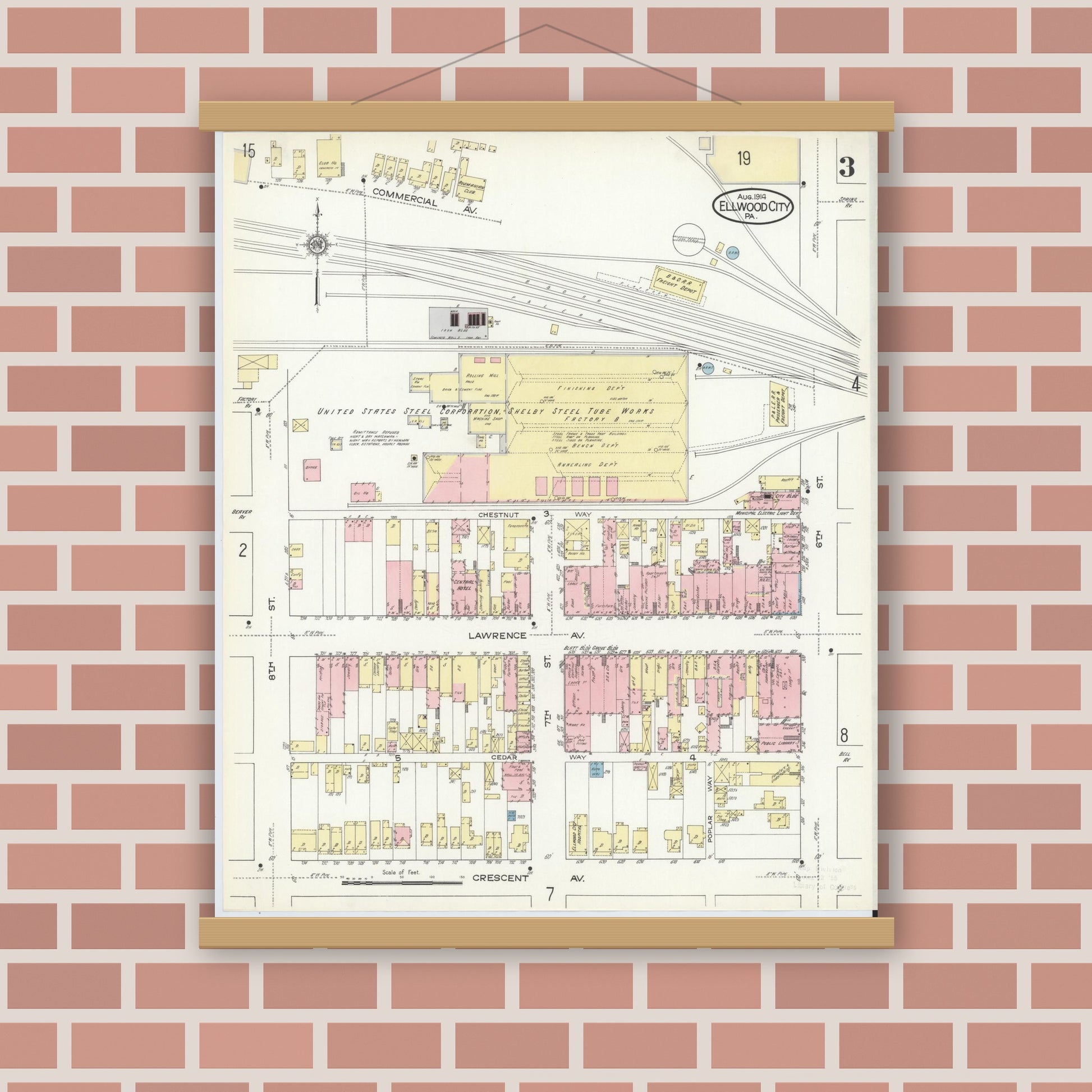Old map wall art mockup — magnetic wood frame on brick wall — Sanborn Fire Insurance Map from Ellwood City, Lawrence County, Pennsylvania (1914), Sheet #0003