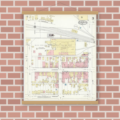 Old map wall art mockup — magnetic wood frame on brick wall — Sanborn Fire Insurance Map from Ellwood City, Lawrence County, Pennsylvania (1914), Sheet #0003