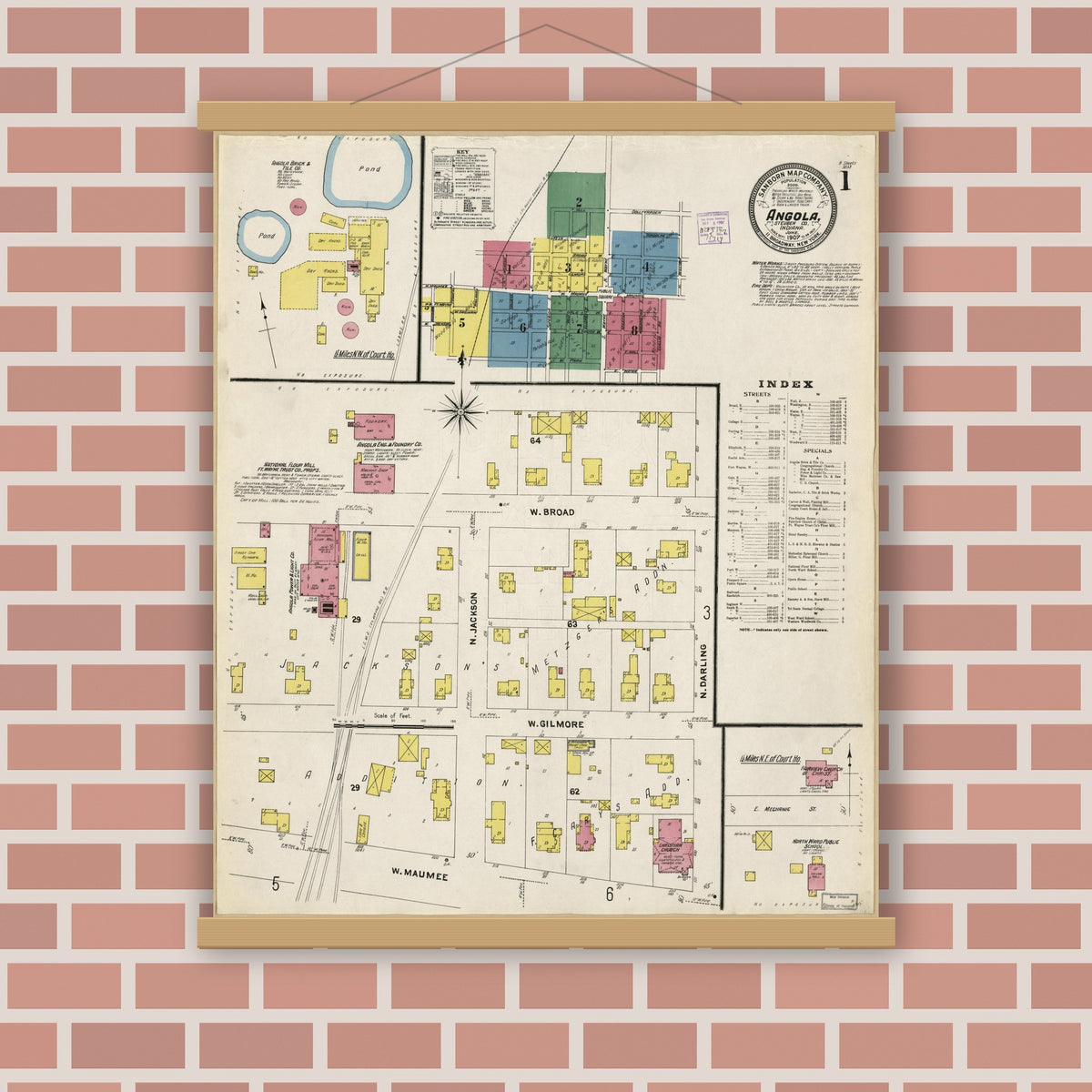 Old map wall art mockup — magnetic wood frame on brick wall — Sanborn Fire Insurance Map from Angola, Steuben County, Indiana (1907), Sheet #0001