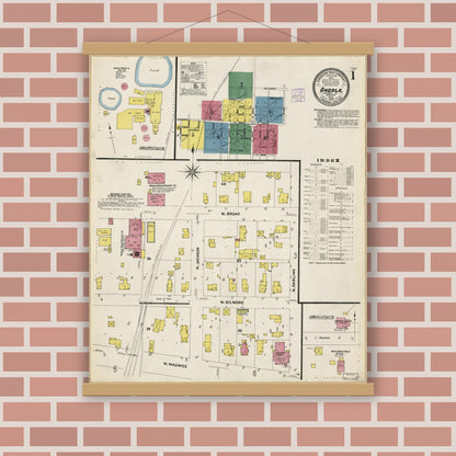 Old map wall art mockup — magnetic wood frame on brick wall — Sanborn Fire Insurance Map from Angola, Steuben County, Indiana (1907), Sheet #0001