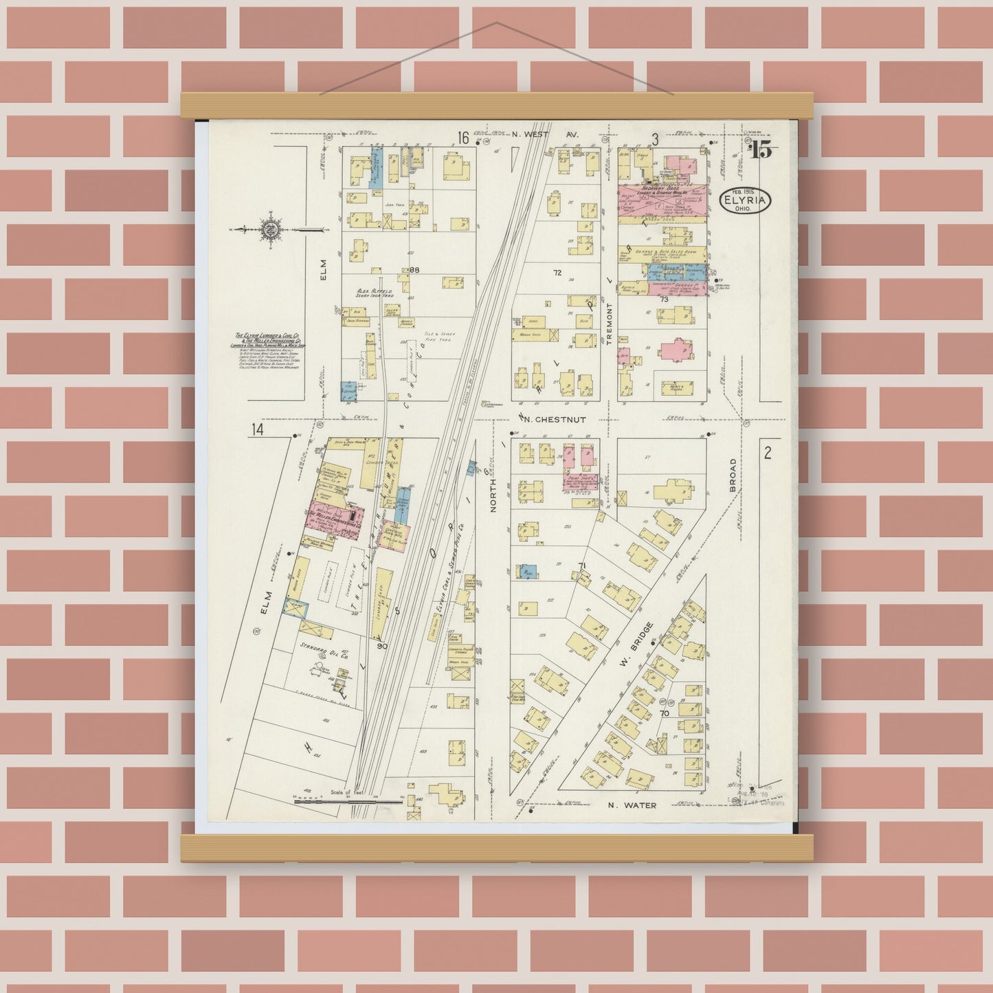 Old map wall art mockup — magnetic wood frame on brick wall — Sanborn Fire Insurance Map from Elyria, Lorain County, Ohio (1915), Sheet #0015