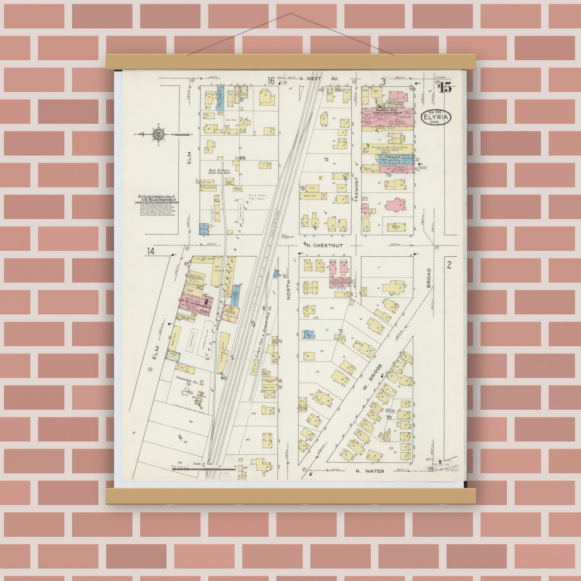 Old map wall art mockup — magnetic wood frame on brick wall — Sanborn Fire Insurance Map from Elyria, Lorain County, Ohio (1915), Sheet #0015