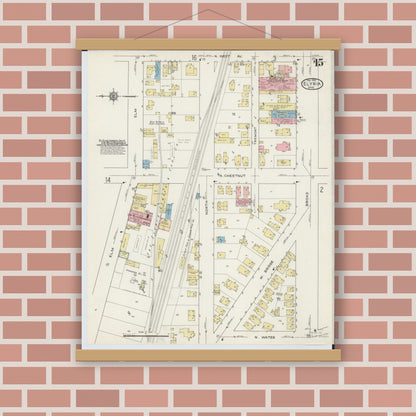Old map wall art mockup — magnetic wood frame on brick wall — Sanborn Fire Insurance Map from Elyria, Lorain County, Ohio (1915), Sheet #0015