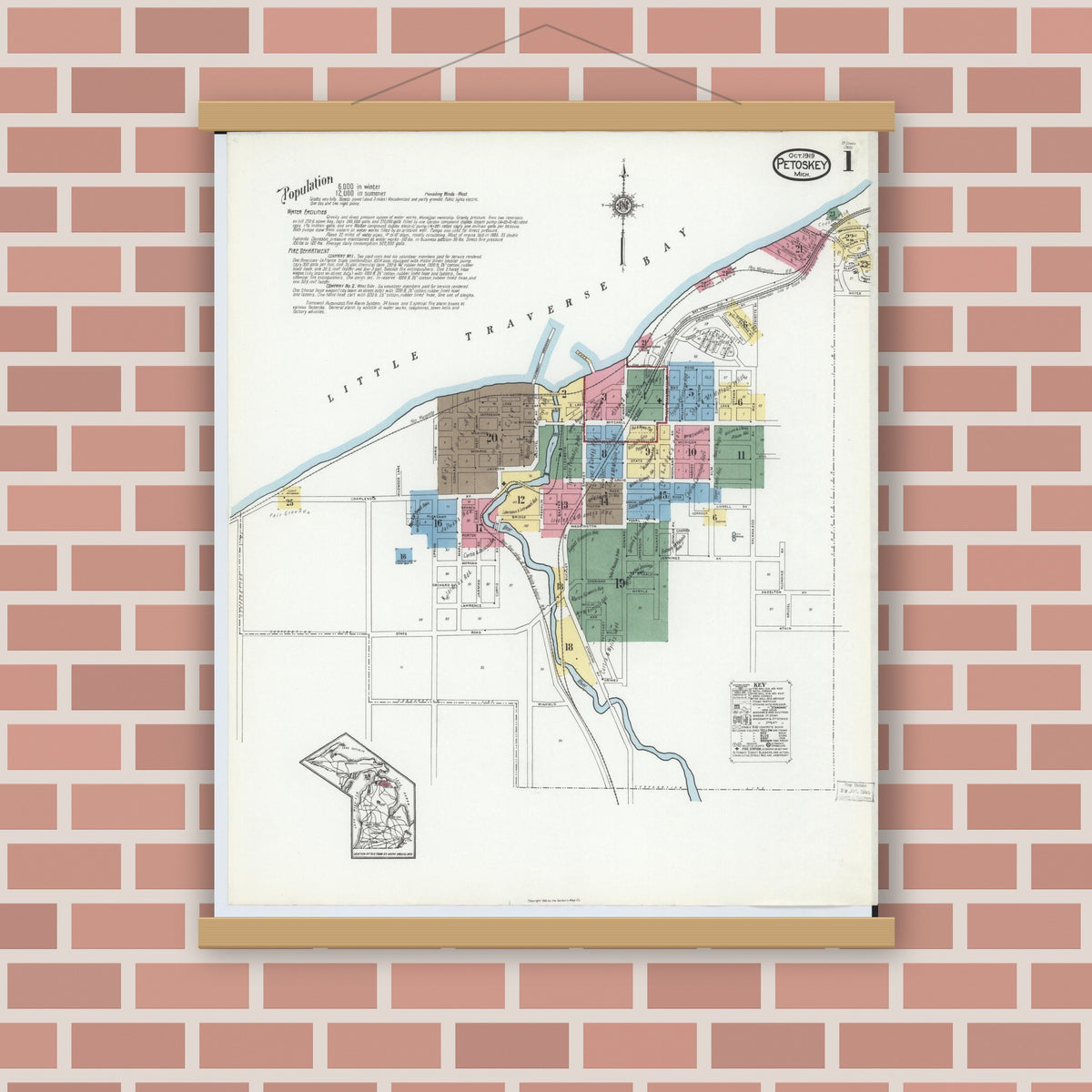 Old map wall art mockup — magnetic wood frame on brick wall — Sanborn Fire Insurance Map from Petoskey, Emmet County, Michigan (1919), Sheet #0001