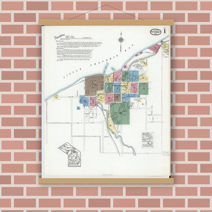 Old map wall art mockup — magnetic wood frame on brick wall — Sanborn Fire Insurance Map from Petoskey, Emmet County, Michigan (1919), Sheet #0001