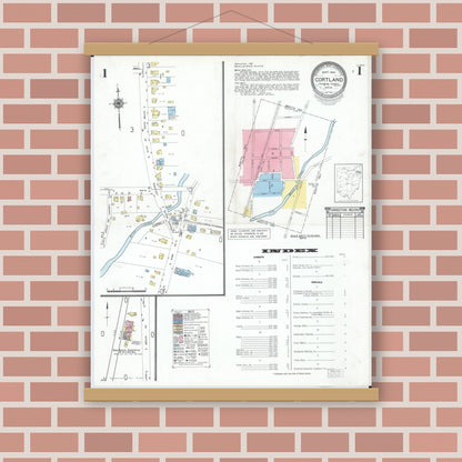 Old map wall art mockup — magnetic wood frame on brick wall — Sanborn Fire Insurance Map from Cortland, Trumbull County, Ohio (1950) - Complete Map Set
