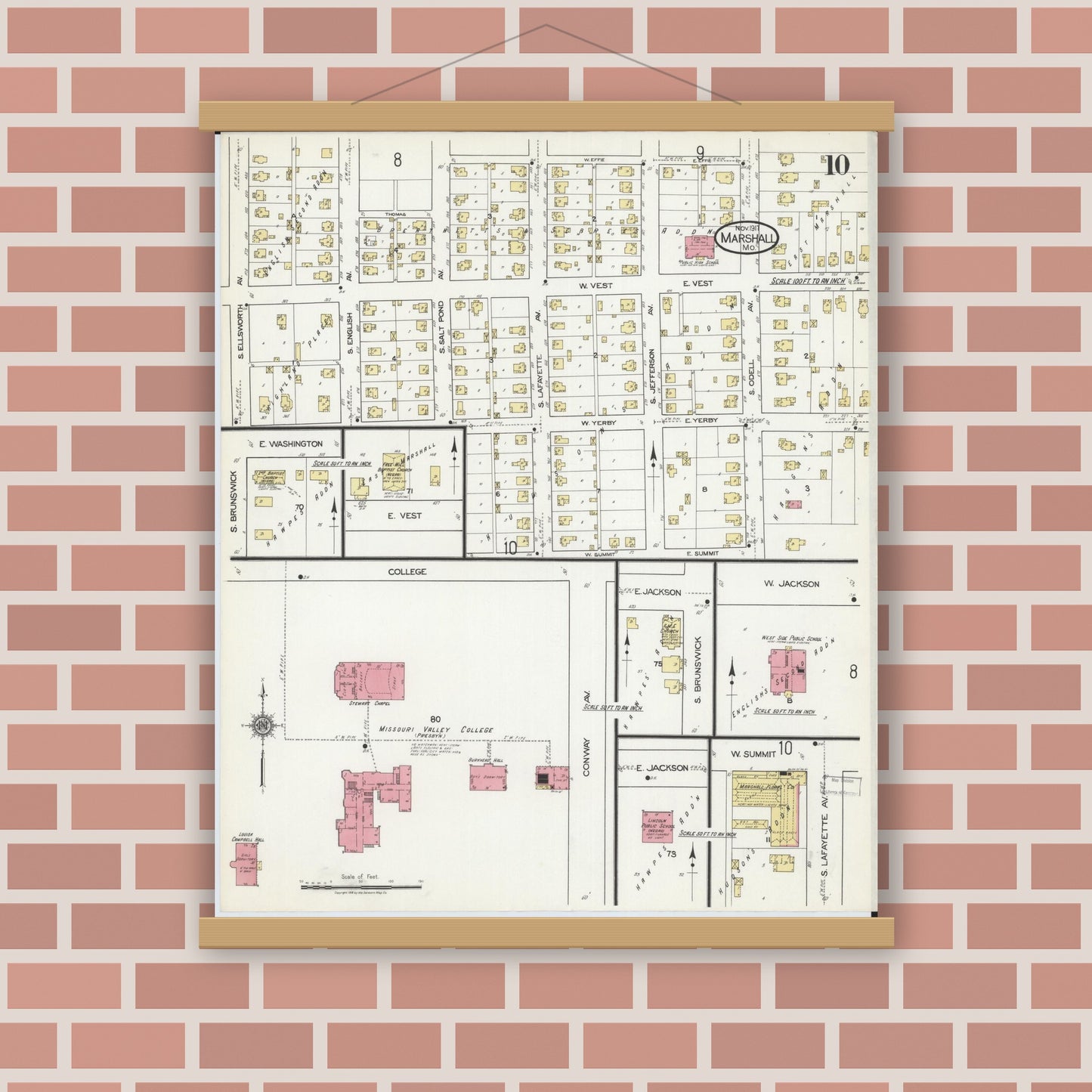 Old map wall art mockup — magnetic wood frame on brick wall — Sanborn Fire Insurance Map from Marshall, Saline County, Missouri (1917), Sheet #0010