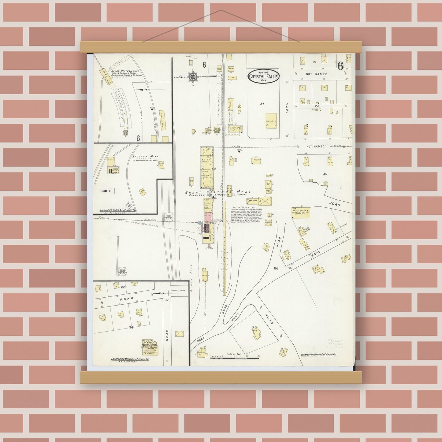 Old map wall art mockup — magnetic wood frame on brick wall — Sanborn Fire Insurance Map from Crystal Falls, Iron County, Michigan (1914), Sheet #0006