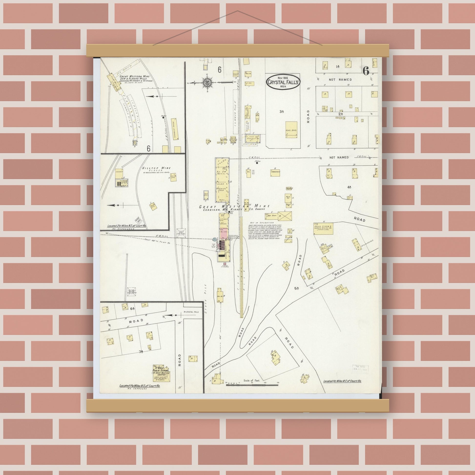 Old map wall art mockup — magnetic wood frame on brick wall — Sanborn Fire Insurance Map from Crystal Falls, Iron County, Michigan (1914), Sheet #0006