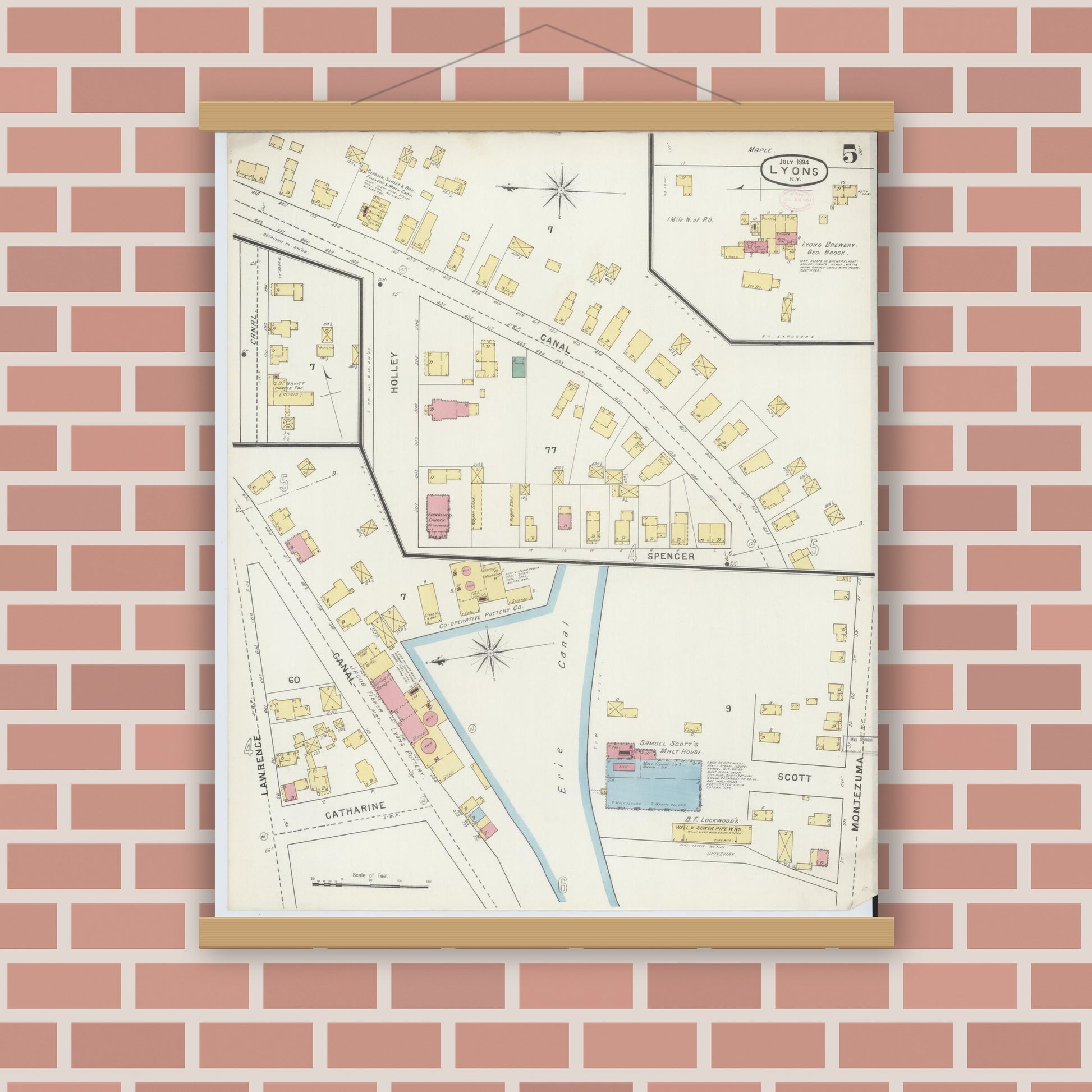Old map wall art mockup — magnetic wood frame on brick wall — Sanborn Fire Insurance Map from Lyons, Wayne County, New York (1894), Sheet #0005