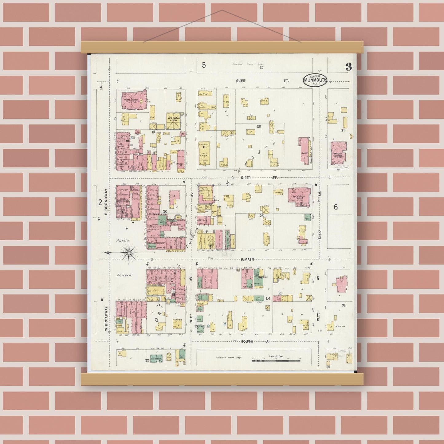 Old map wall art mockup — magnetic wood frame on brick wall — Sanborn Fire Insurance Map from Monmouth, Warren County, Illinois (1898), Sheet #0003