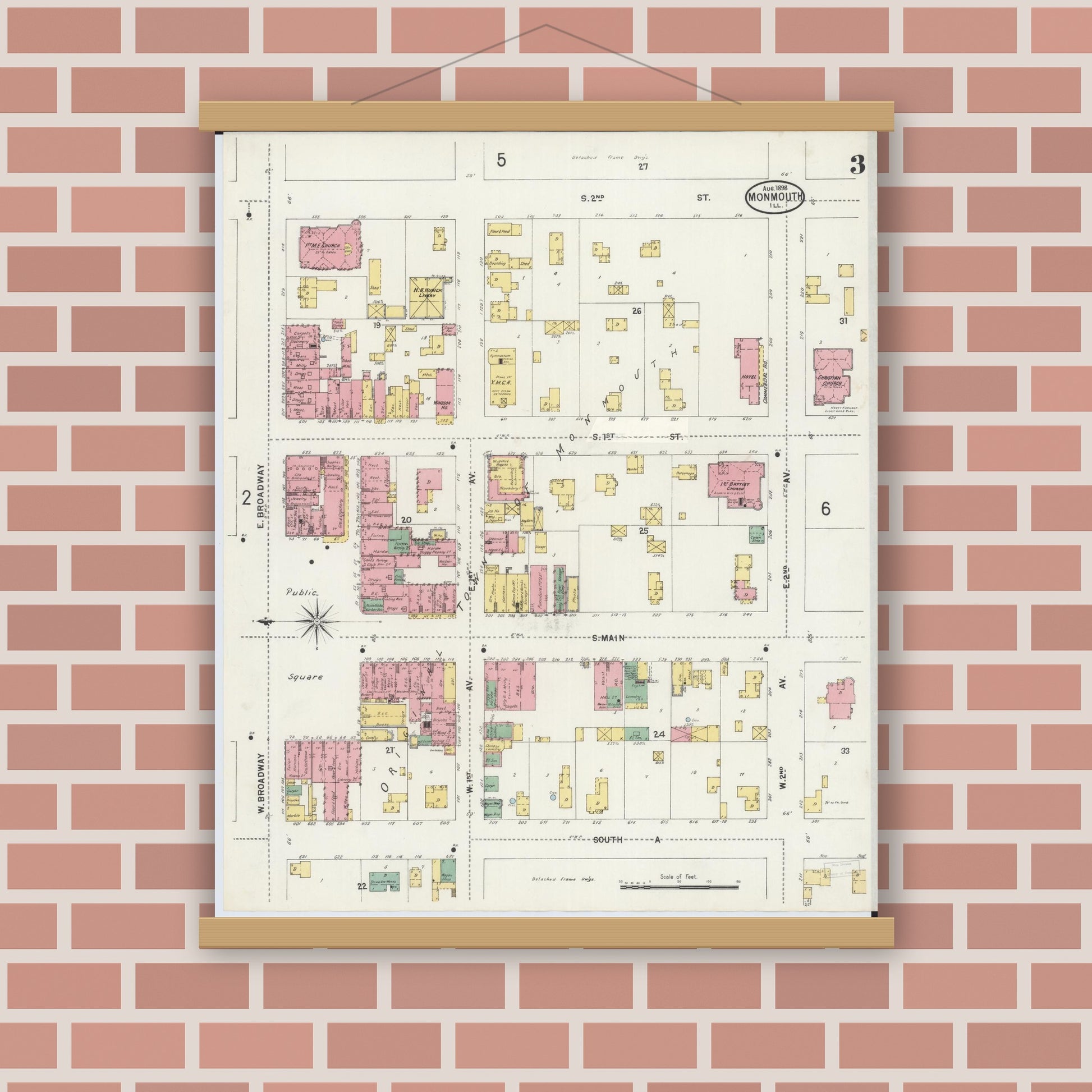 Old map wall art mockup — magnetic wood frame on brick wall — Sanborn Fire Insurance Map from Monmouth, Warren County, Illinois (1898), Sheet #0003