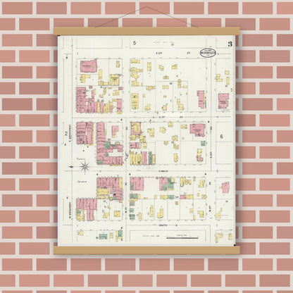 Old map wall art mockup — magnetic wood frame on brick wall — Sanborn Fire Insurance Map from Monmouth, Warren County, Illinois (1898), Sheet #0003