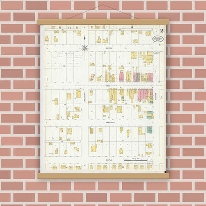 Old map wall art mockup — magnetic wood frame on brick wall — Sanborn Fire Insurance Map from Fremont, Newaygo County, Michigan (1904), Sheet #0002