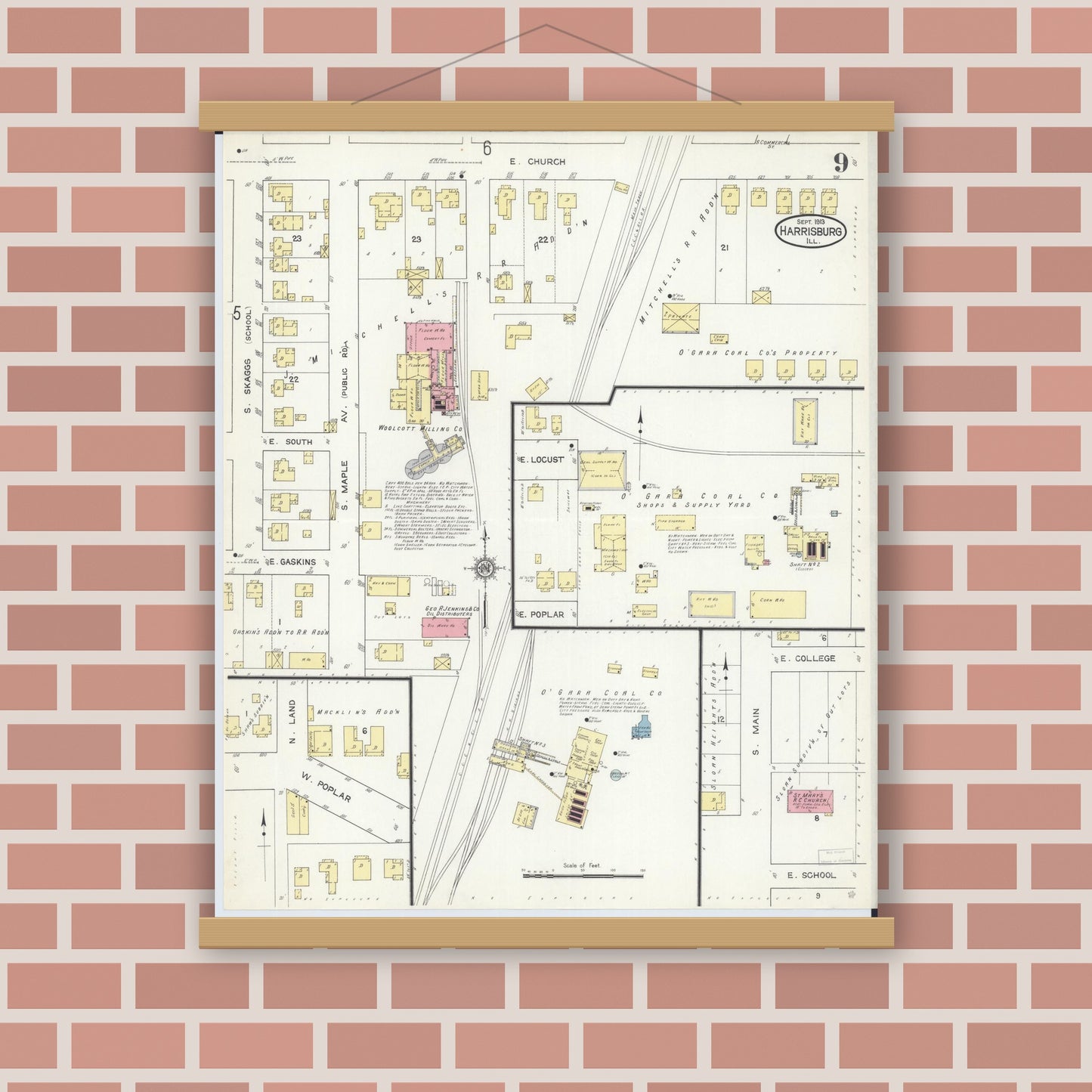 Old map wall art mockup — magnetic wood frame on brick wall — Sanborn Fire Insurance Map from Harrisburg, Saline County, Illinois (1913), Sheet #0009