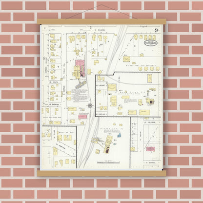 Old map wall art mockup — magnetic wood frame on brick wall — Sanborn Fire Insurance Map from Harrisburg, Saline County, Illinois (1913), Sheet #0009
