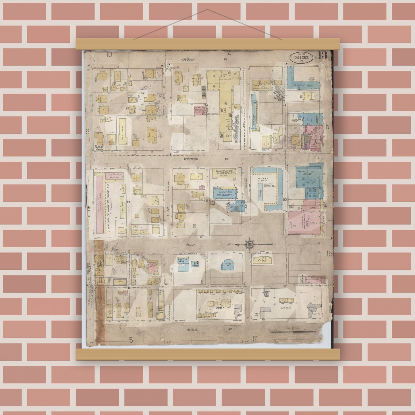 Old map wall art mockup — magnetic wood frame on brick wall — Sanborn Fire Insurance Map from Calexico, Imperial County, California (1956), Sheet #0013