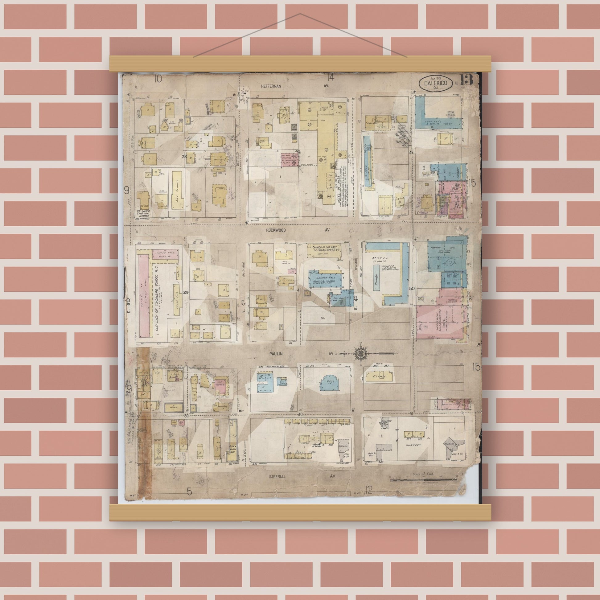 Old map wall art mockup — magnetic wood frame on brick wall — Sanborn Fire Insurance Map from Calexico, Imperial County, California (1956), Sheet #0013